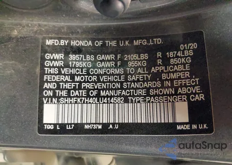 2020 Honda Civic Sport from USA, damaged, VIN SHHFK7H40LU414582